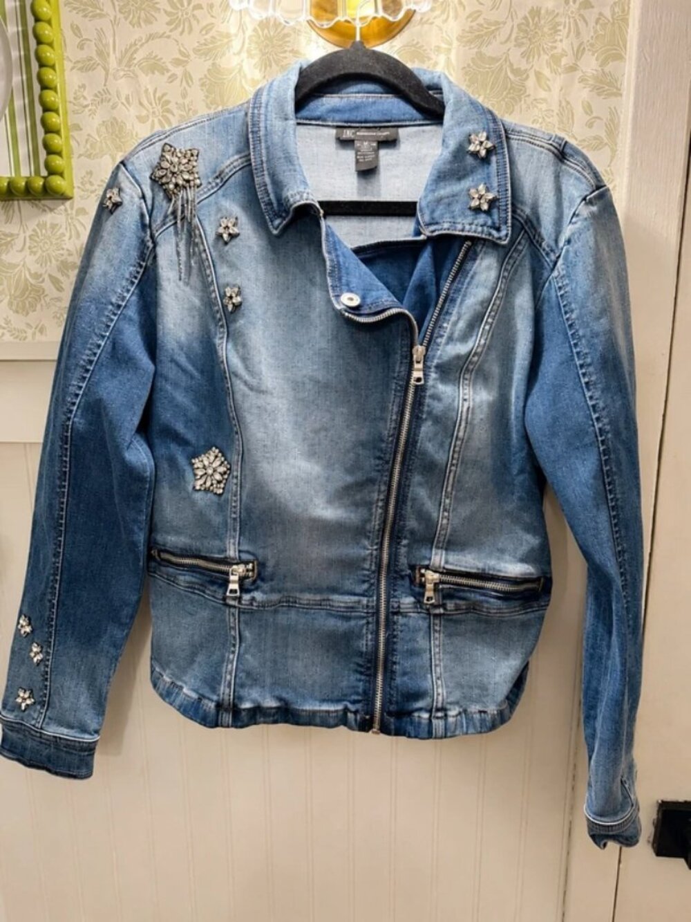 INC Anna Sui Loves Rhinestone Shooting Star Denim Moto Jacket Medium